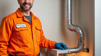 Technician performing heating repair services on a home furnace system